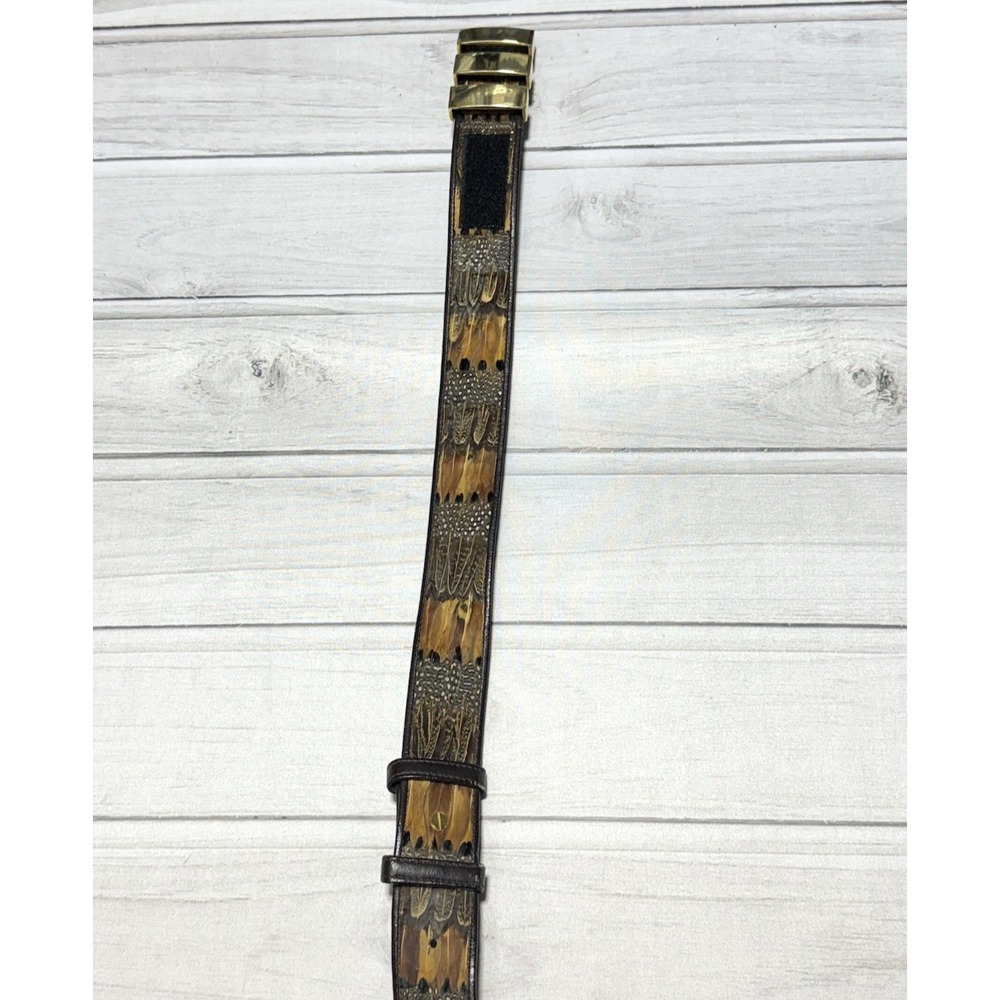 Vintage Peacock Feather Inlay Belt Leather Hippie Boho Gold Tone Slide Buckle - Picture 5 of 10